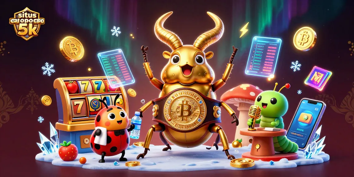 Menangkan jackpot di situs depo 5k dengan simbol slot dan karakter lucu dalam ilustrasi kasino digital.