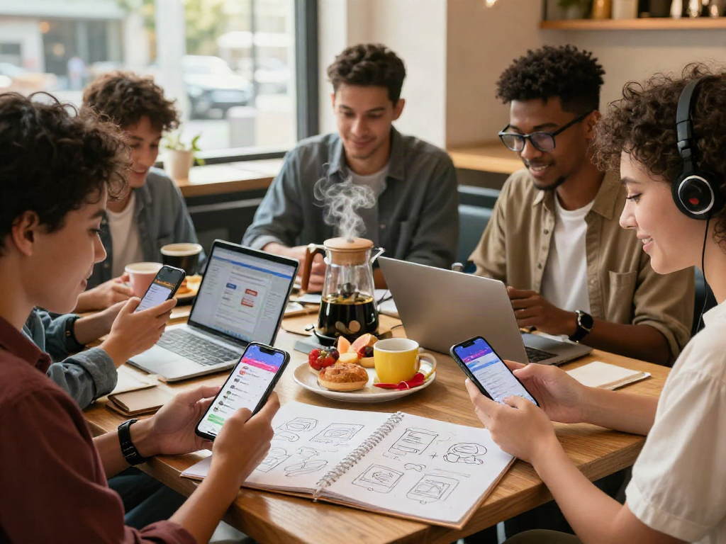 Friends using crush on dating app in a cozy café setting.