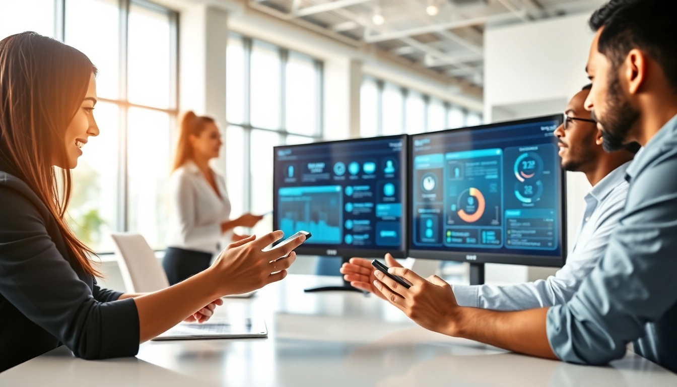 Collaborative team using an enterprise assistant platform in a modern office environment.