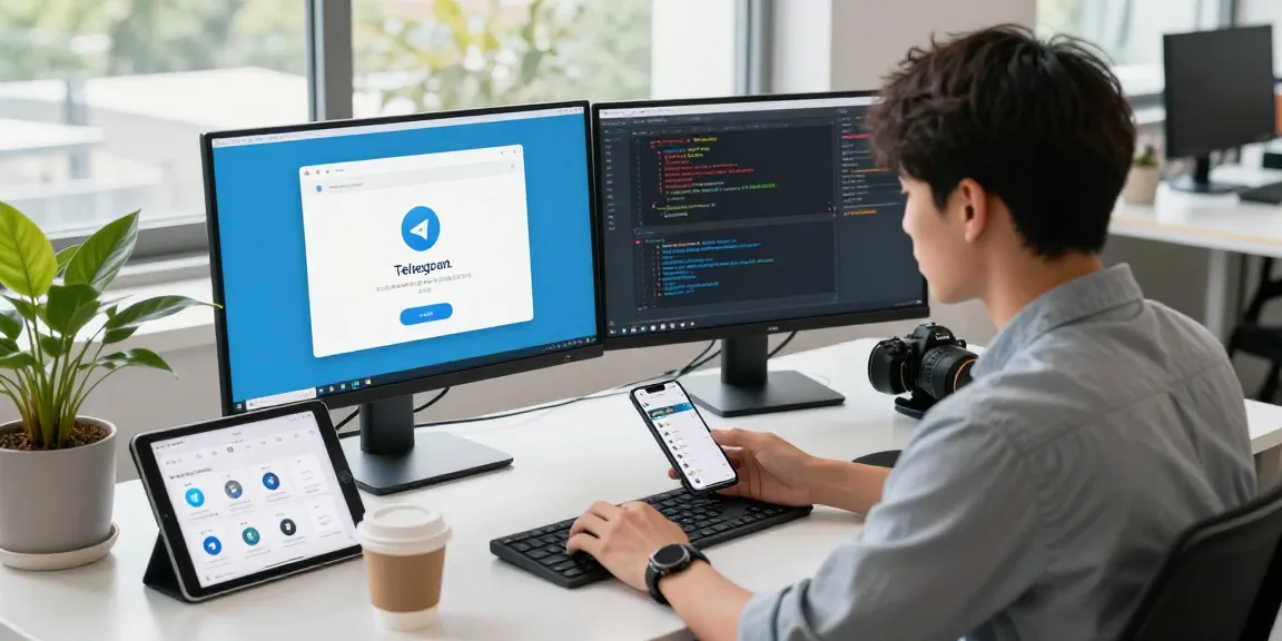 Young professional customizing Telegram中文 app in a modern workspace setup