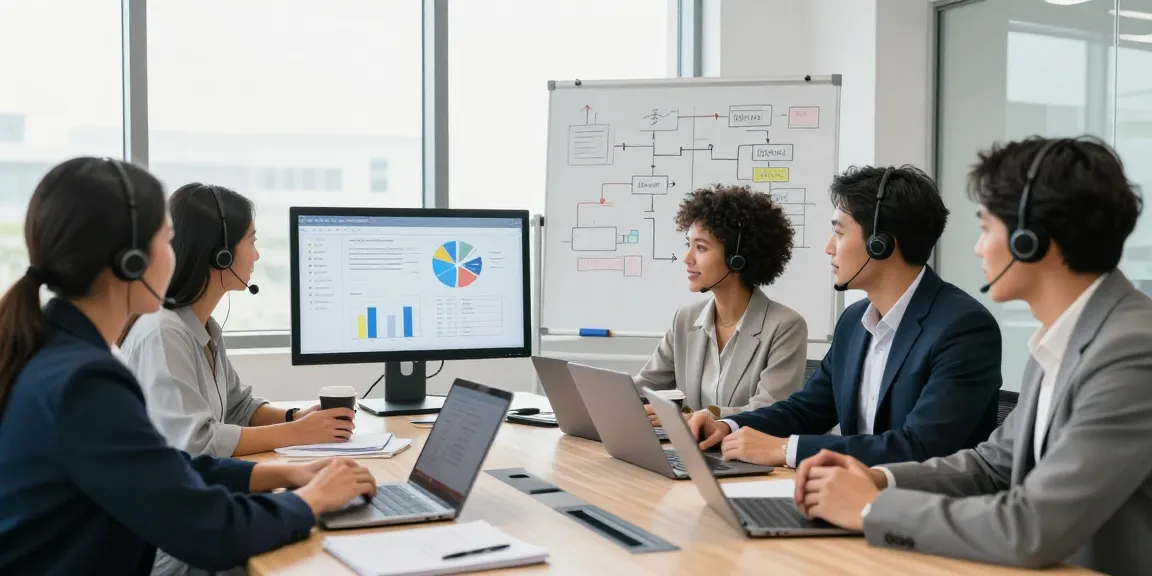 IT support for business team collaborating in a modern office setting, emphasizing teamwork and innovation.
