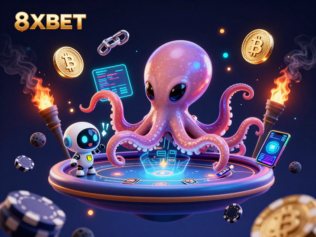 Experience thrilling gaming action with 8XBET's cosmic poker table and digital currencies.