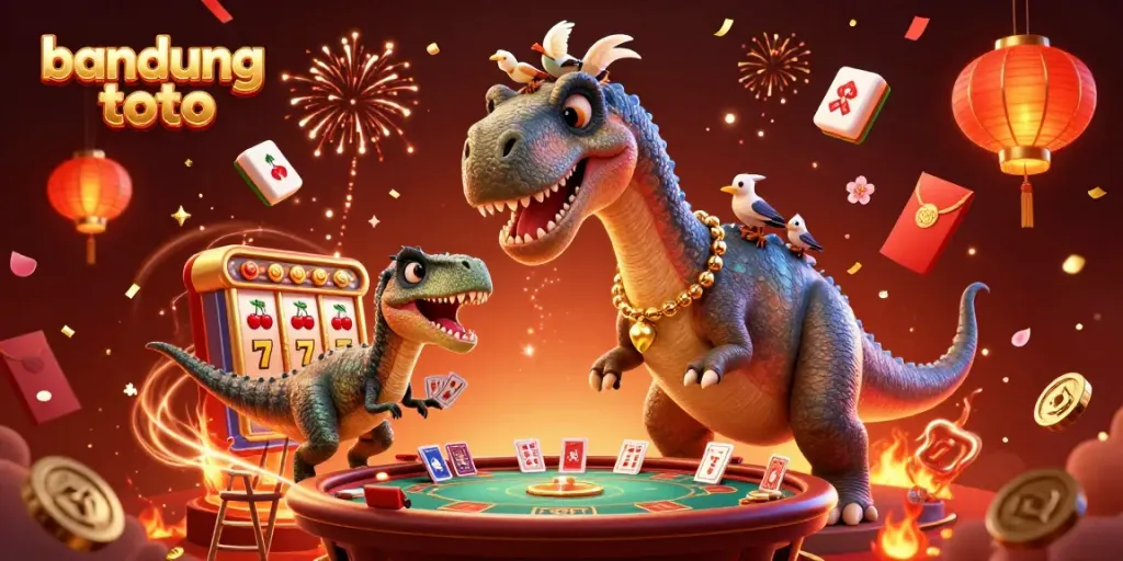 Experience fun at bandung toto with a giant dinosaur enjoying games at a lively casino scene.