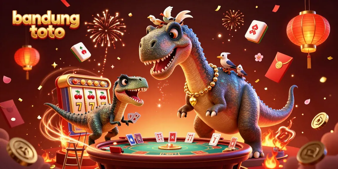 Experience fun at bandung toto with a giant dinosaur enjoying games at a lively casino scene.