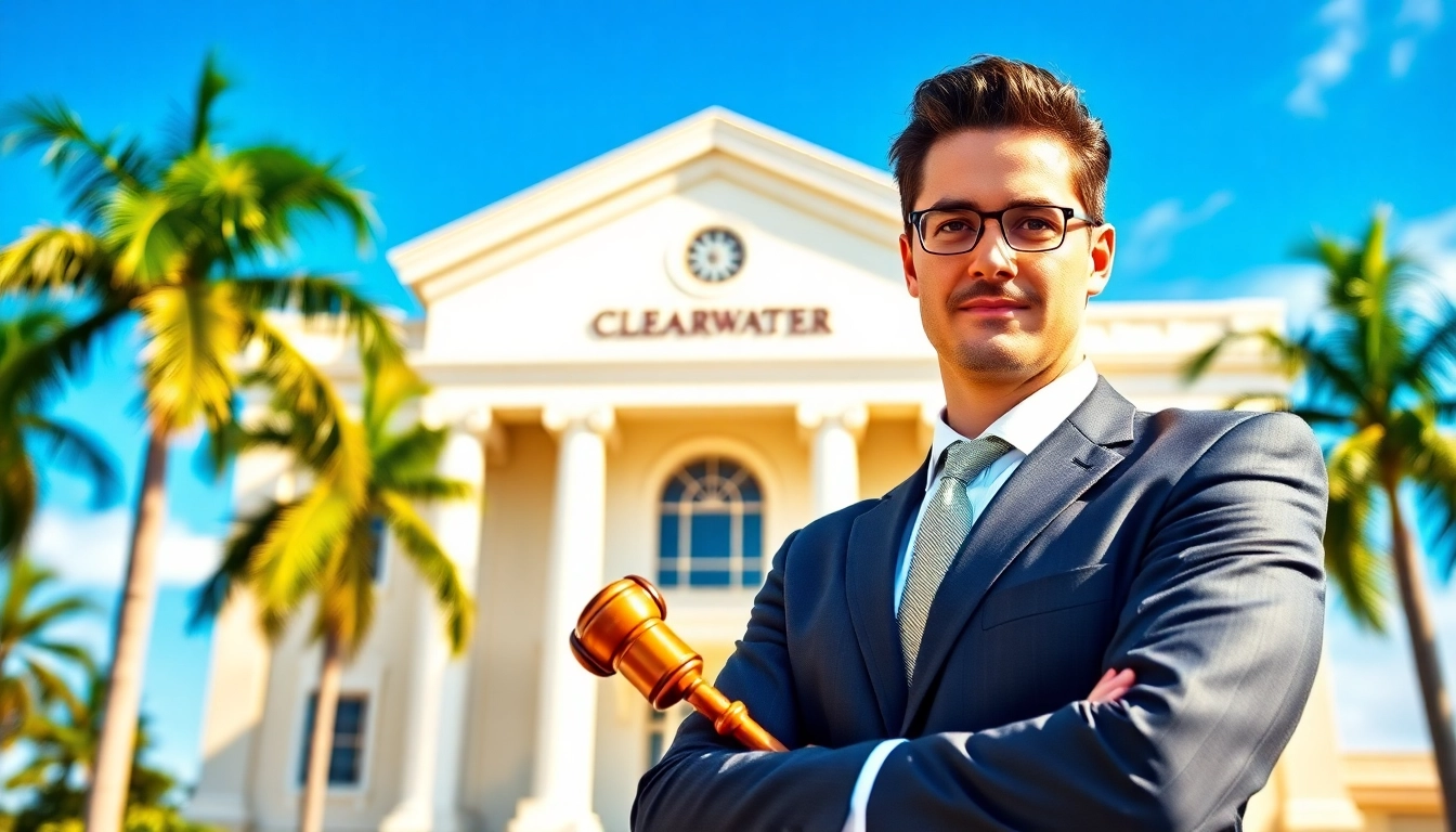 Experienced truck accident attorney Clearwater confidently addressing clients outside a courthouse.