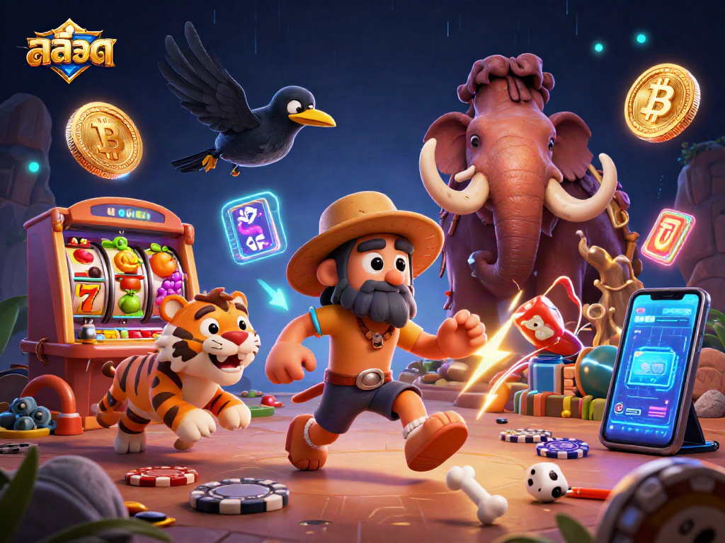Experience thrilling สล็อต action with dynamic characters in a vibrant prehistoric casino illustration.