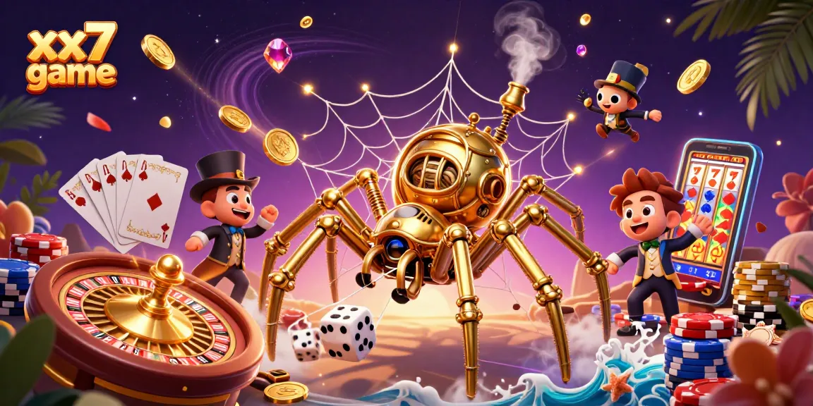 Play the exciting xx7 game while experiencing a rich, dynamic casino atmosphere filled with gold coins and gaming elements.