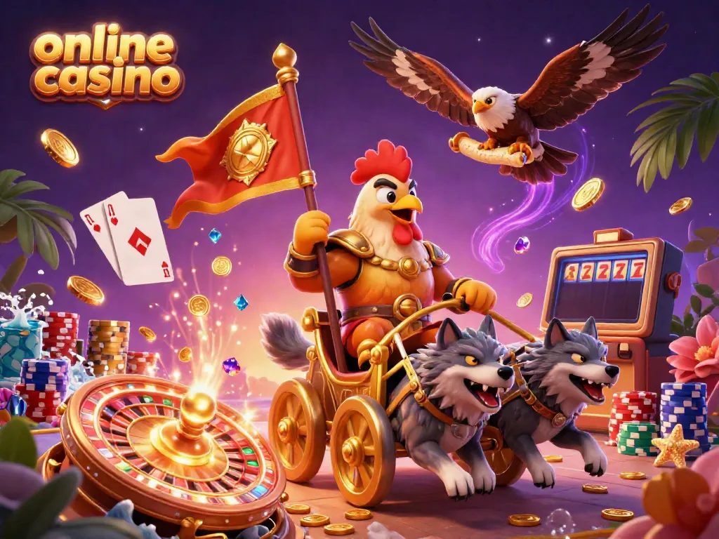 Immerse yourself in the vibrant world of online casino with this dynamic scene of a rooster warlord in a golden chariot, surrounded by sparkling casino elements.