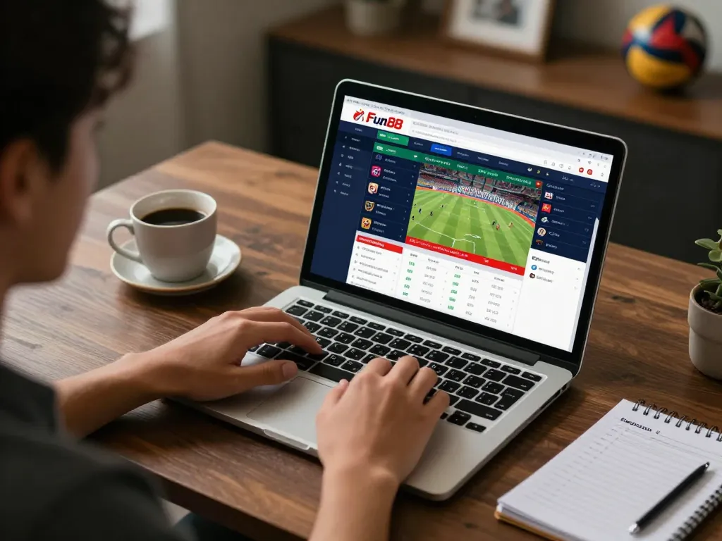 Engaging in online sports betting on Fun88 com with live odds displayed on laptop, showcasing an immersive gaming environment.
