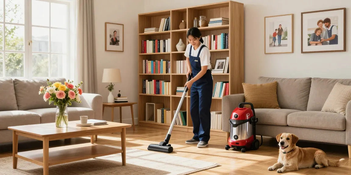 Find out more about home cleaning services with a professional in an inviting living room setting.