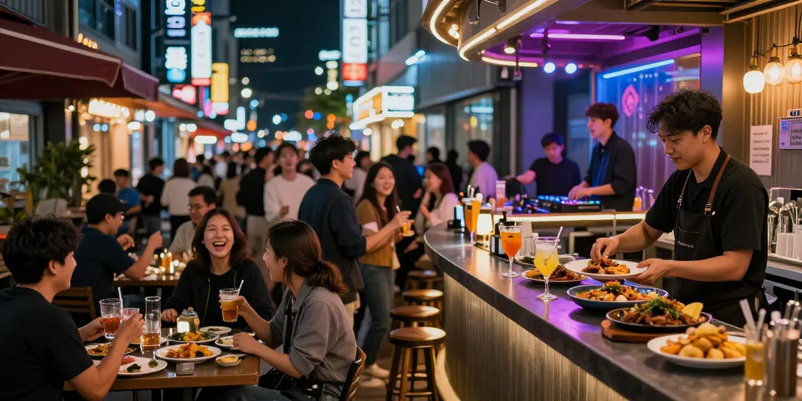 Experience the vibrant nightlife at 상봉동 한국관나이트 with lively crowds, delicious food, and energetic atmosphere.