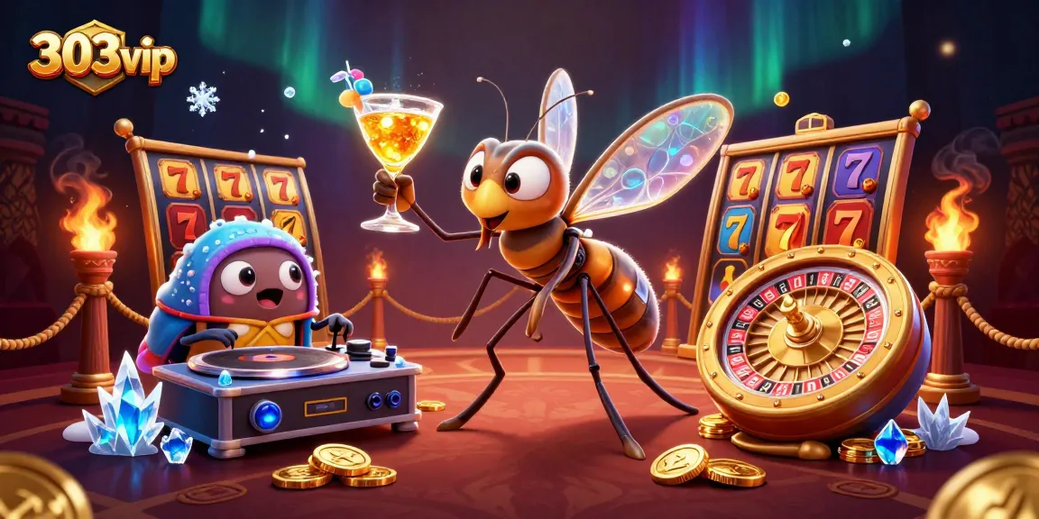 Engage with thrilling 303vip slots as the casino mascot comes alive amidst a vibrant atmosphere.