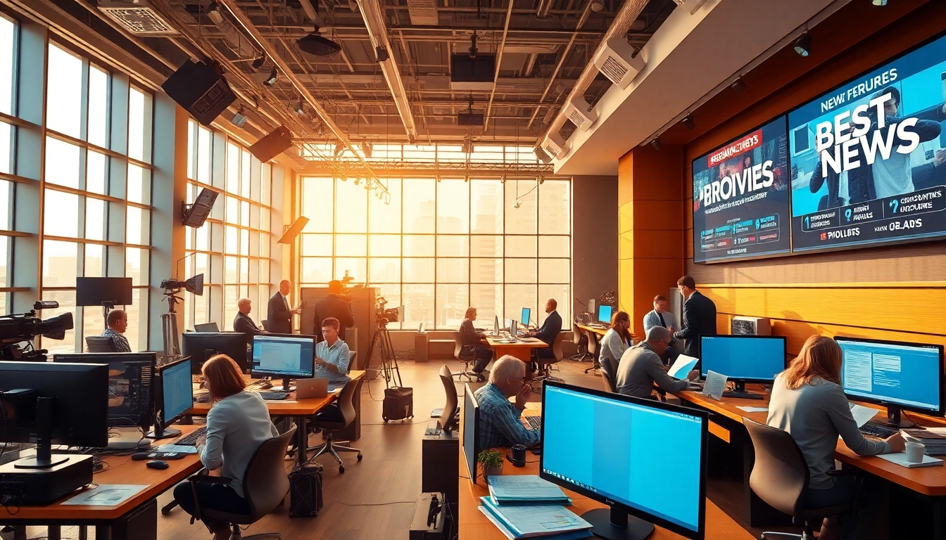 Engaging news journalists at work in a dynamic newsroom environment.