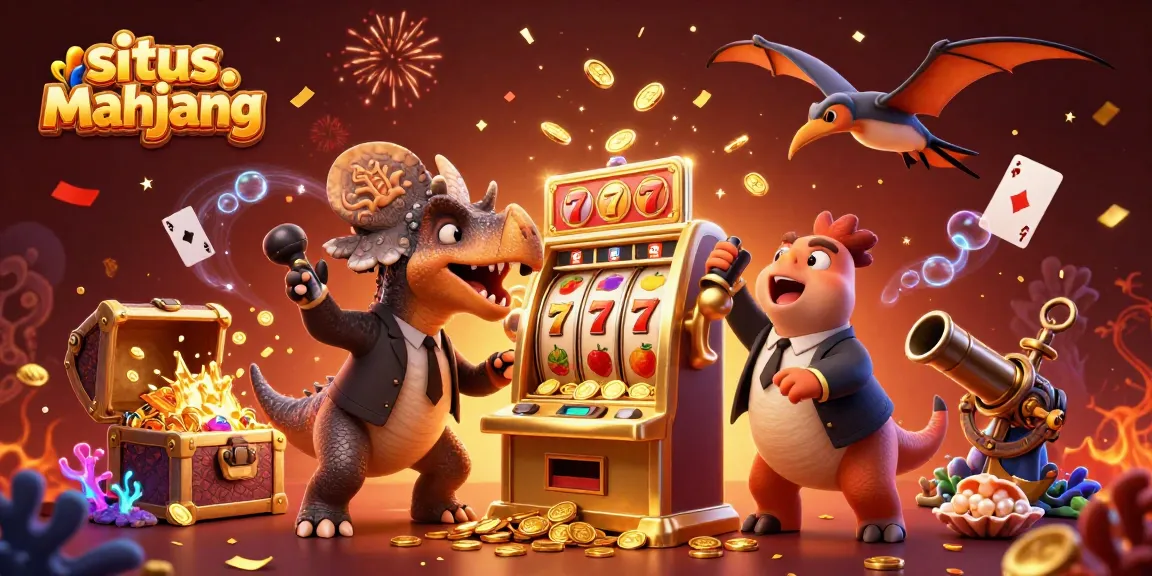 Experience situs mahjong excitement as the dinosaur hits a jackpot, capturing golden coins flying in the air.