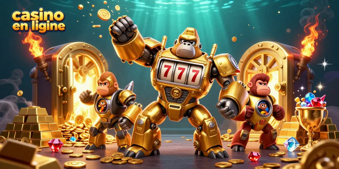 Plongez dans l'univers des jeux de casino en ligne avec cette illustration animée de gorille en or.