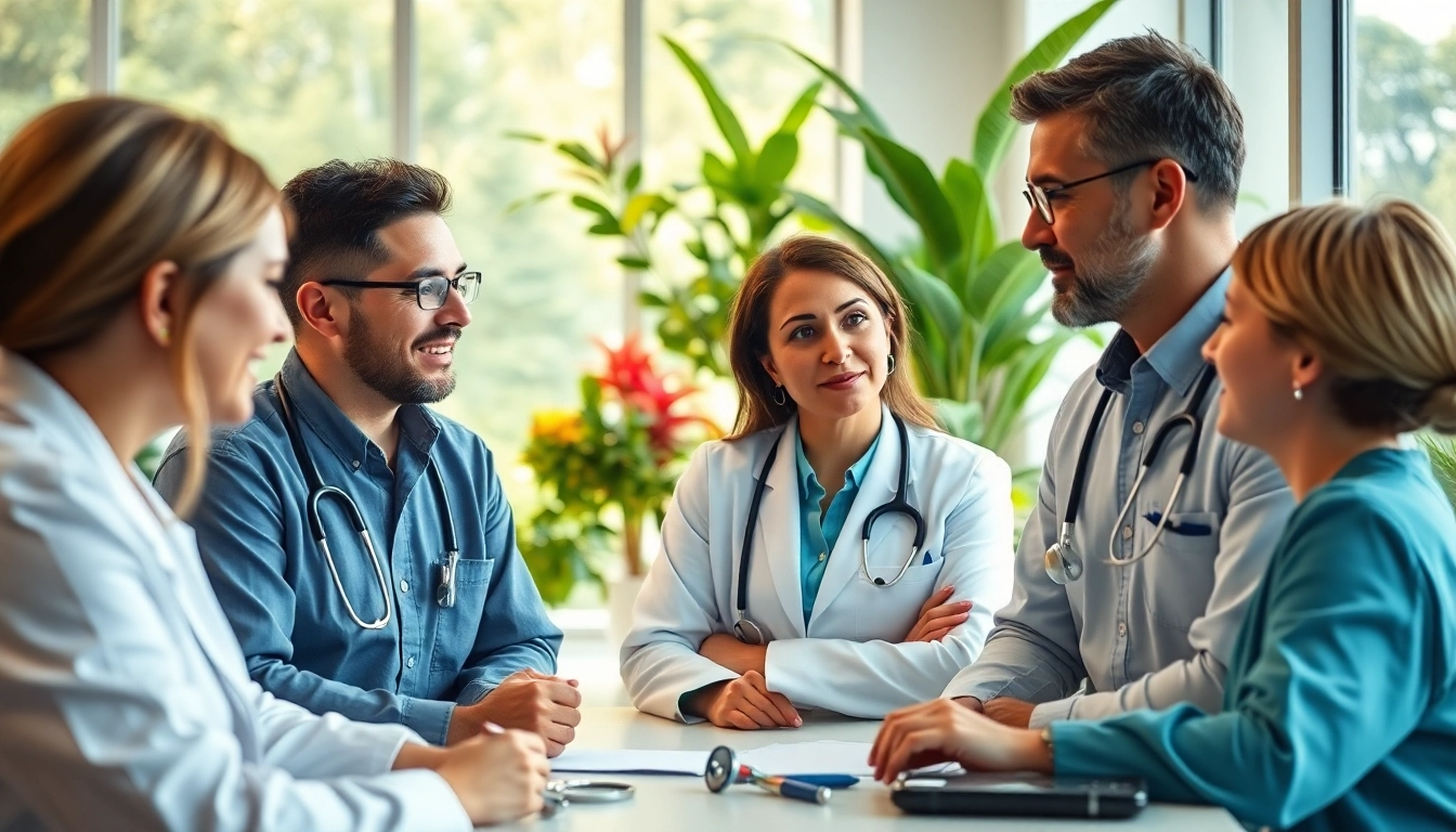 Engaged discussion on health with professionals in a modern healthcare setting.