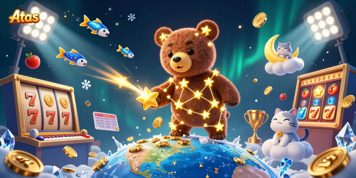 Engage with Atas casino excitement through 3D illustration featuring vibrant slot machines and winning elements.
