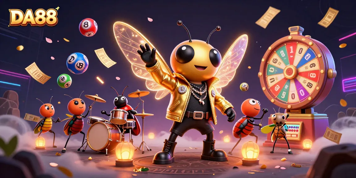 Engage with DA88’s vibrant lottery action featuring a rock star cicada and dynamic casino elements.