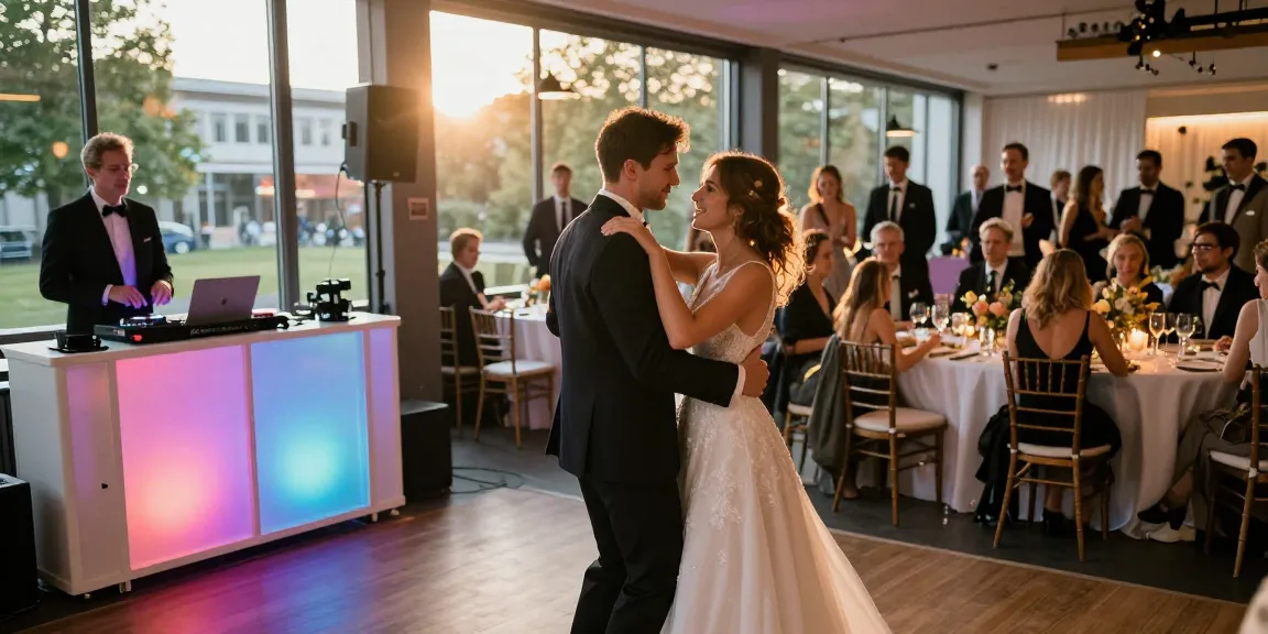 Der ideale DJ für Hochzeit Berlin mischt Musik während der Feier, umgeben von glücklichen Gästen.
