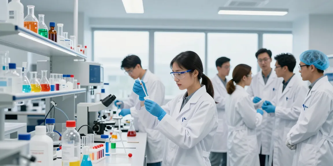 Pharmaceutical chemicals supplier demonstrating teamwork in a modern lab environment with advanced equipment and safety measures.