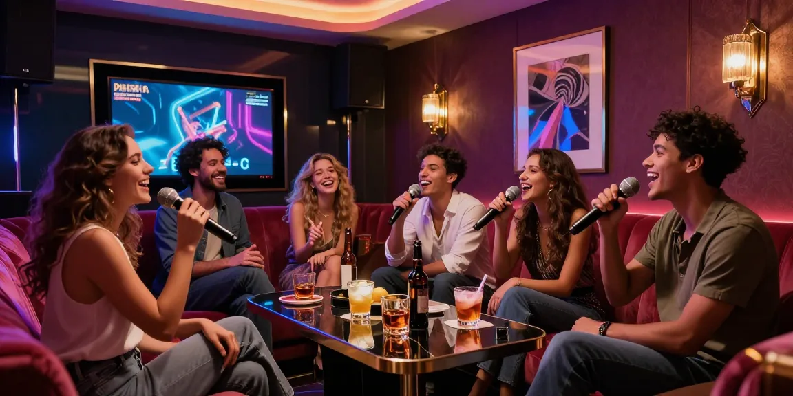 Group enjoying a vibrant karaoke night at https://www.gangnamtune.com/ with premium drinks and lively atmosphere.