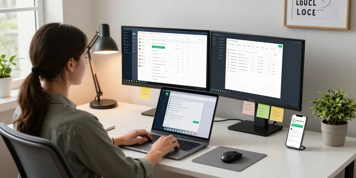 Using WhatsApp電腦版 on a modern laptop in a bright home office setting with motivational decor.