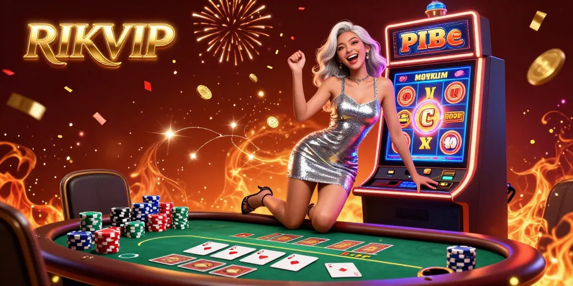 Experience the thrilling world of RIKVIP with jackpots and poker excitement in a vibrant casino illustration.