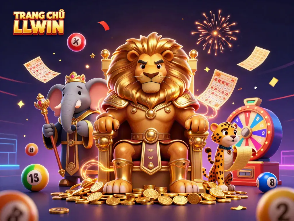 Engage with TRANG CHỦ LLWIN's dynamic scene featuring a lion king, elephant advisor, and cheetah messenger amidst vibrant lottery elements.