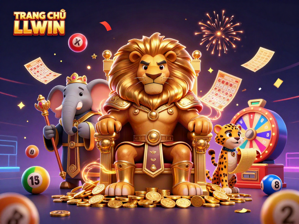 Engage with TRANG CHỦ LLWIN's dynamic scene featuring a lion king, elephant advisor, and cheetah messenger amidst vibrant lottery elements.
