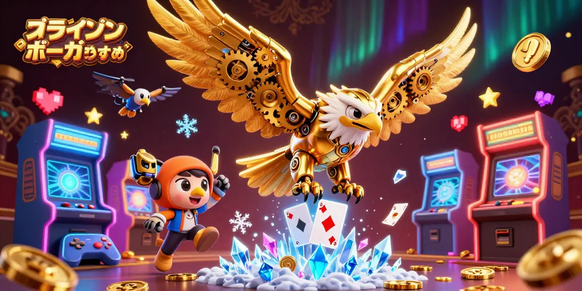 オンラインポーカーおすすめの美しい3Dイラスト、ポーカーカードが飛び交う中を飛ぶサイボーグのワシ