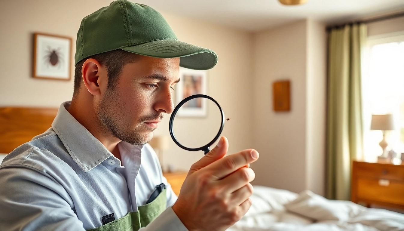 Inspecting a bedroom for bed bug services near me with a pest control technician using a magnifying glass.