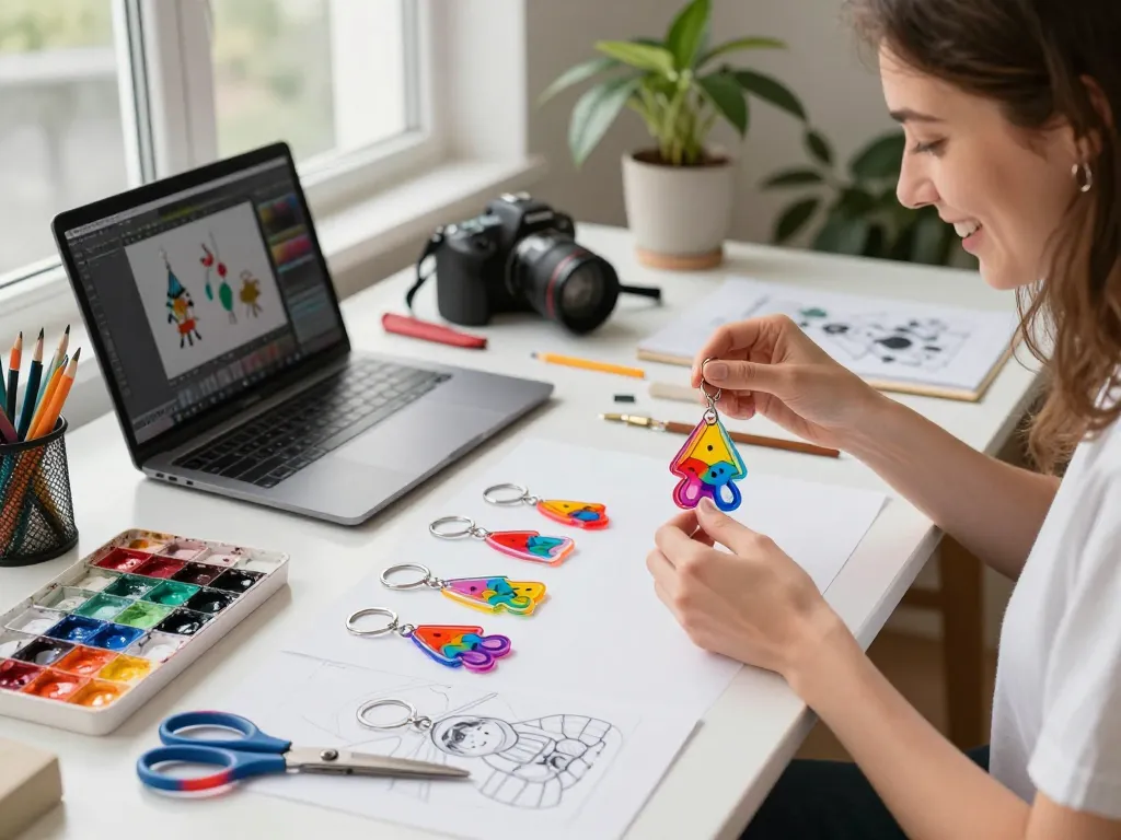 Artist customizing vibrant acrylic keychains in a creative workspace, showcasing their skills as an acrylic keychain maker.