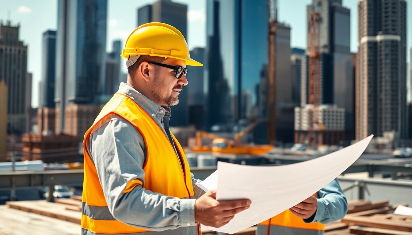New York General Contractor reviewing blueprints on a city construction site.