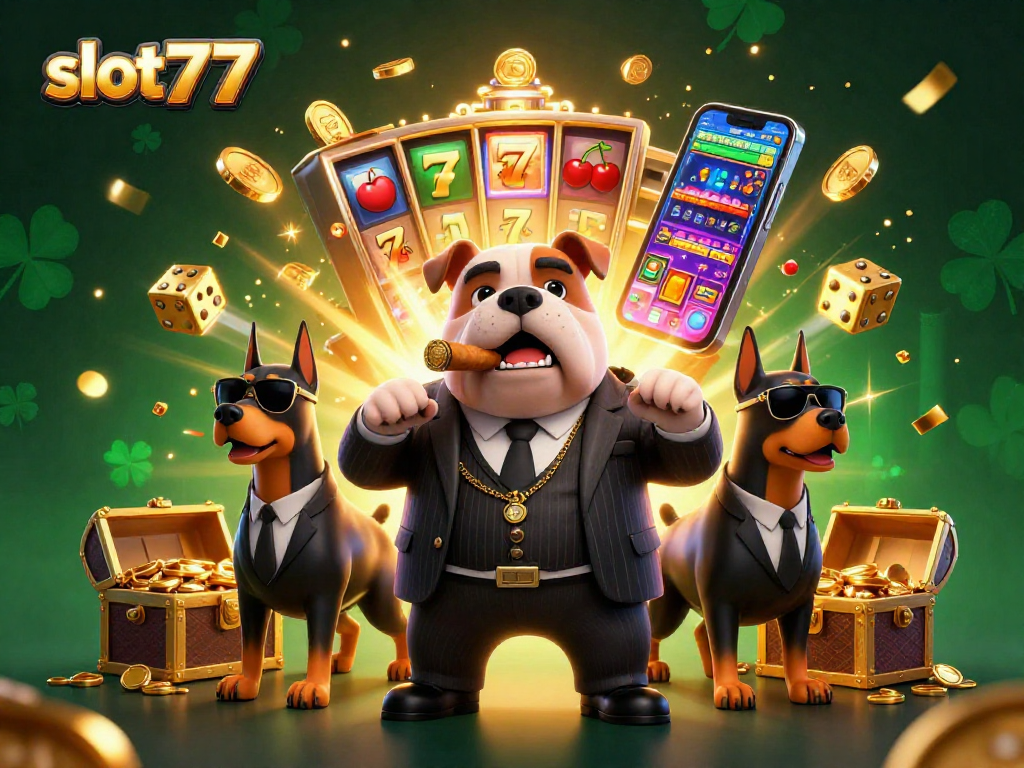 Experience thrilling gaming adventures with slot777 in a vibrant cartoon casino scene with a mafia boss and slot machines.