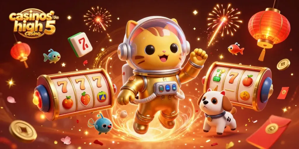 Experience fun with casinos like high 5 casino by spinning slots and winning prizes in this vibrant illustration.