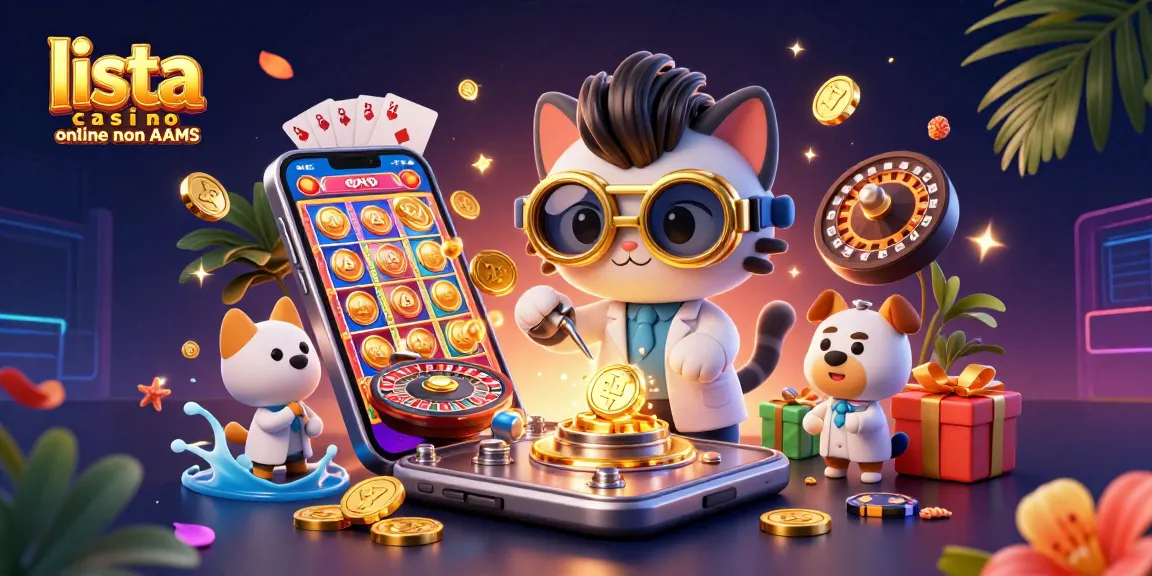 Scena coinvolgente che mostra la lista casino online non AAMS e elementi di gioco vibranti con un duo energetico di gatto e cane.