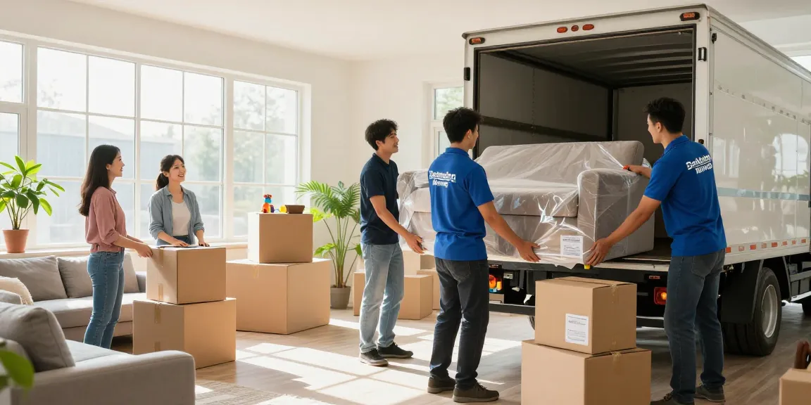 Moving company with storage near me, friendly movers packing a family's belongings into a truck in a bright living room.