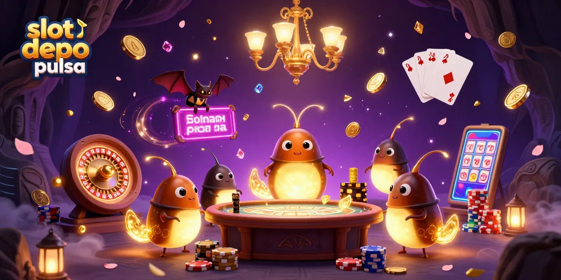 Bermain slot depo pulsa dengan pengalaman kasino unik dikelilingi koin dan permata berkilauan.