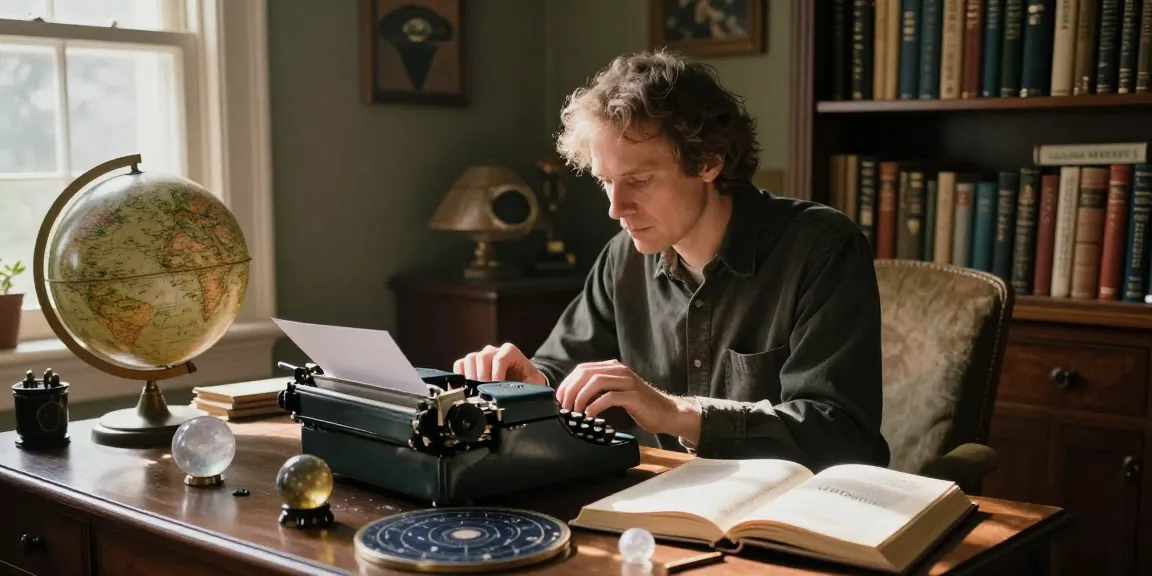 T Allen Greenfield engaging with spiritual and esoteric themes at https://tallengreenfield.com in a cozy home study with vintage decor.