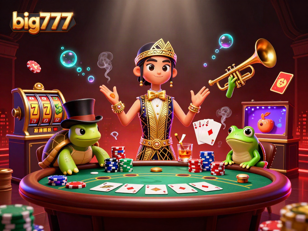 Engage in big777 slots with 3D characters amidst dynamic casino elements in a vibrant scene.