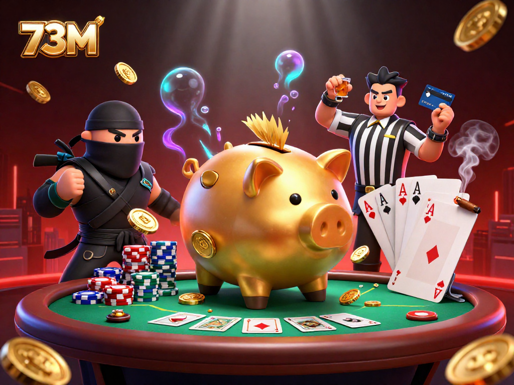 Jogando com 73M, a ilustração mostra um lutador de sumô porco-cofre, um ninja e um samurai em um cassino vibrante.