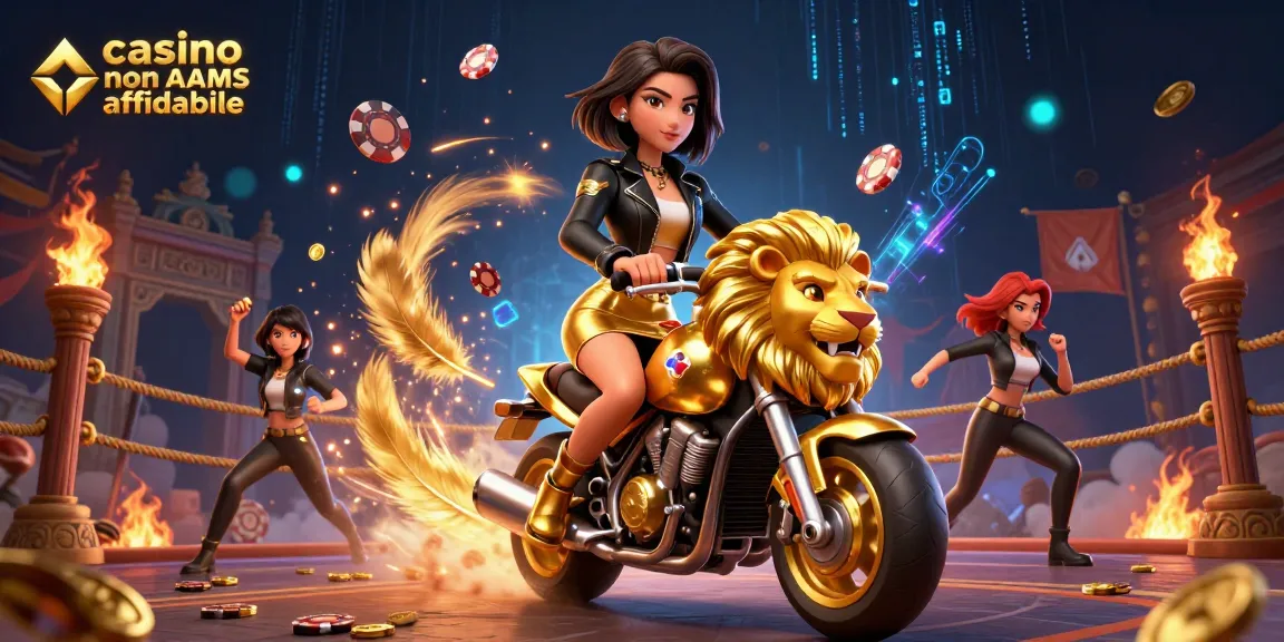 Catturare le vibrazioni di casino non AAMS affidabile con una donna asiatica glamour che cavalca una mascotte leone dorato circondata da elementi vibranti del casinò.
