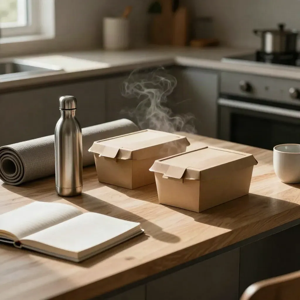 Warm Sunday kitchen counter with meal boxes, yoga mat, water bottle and planner in soft morning light