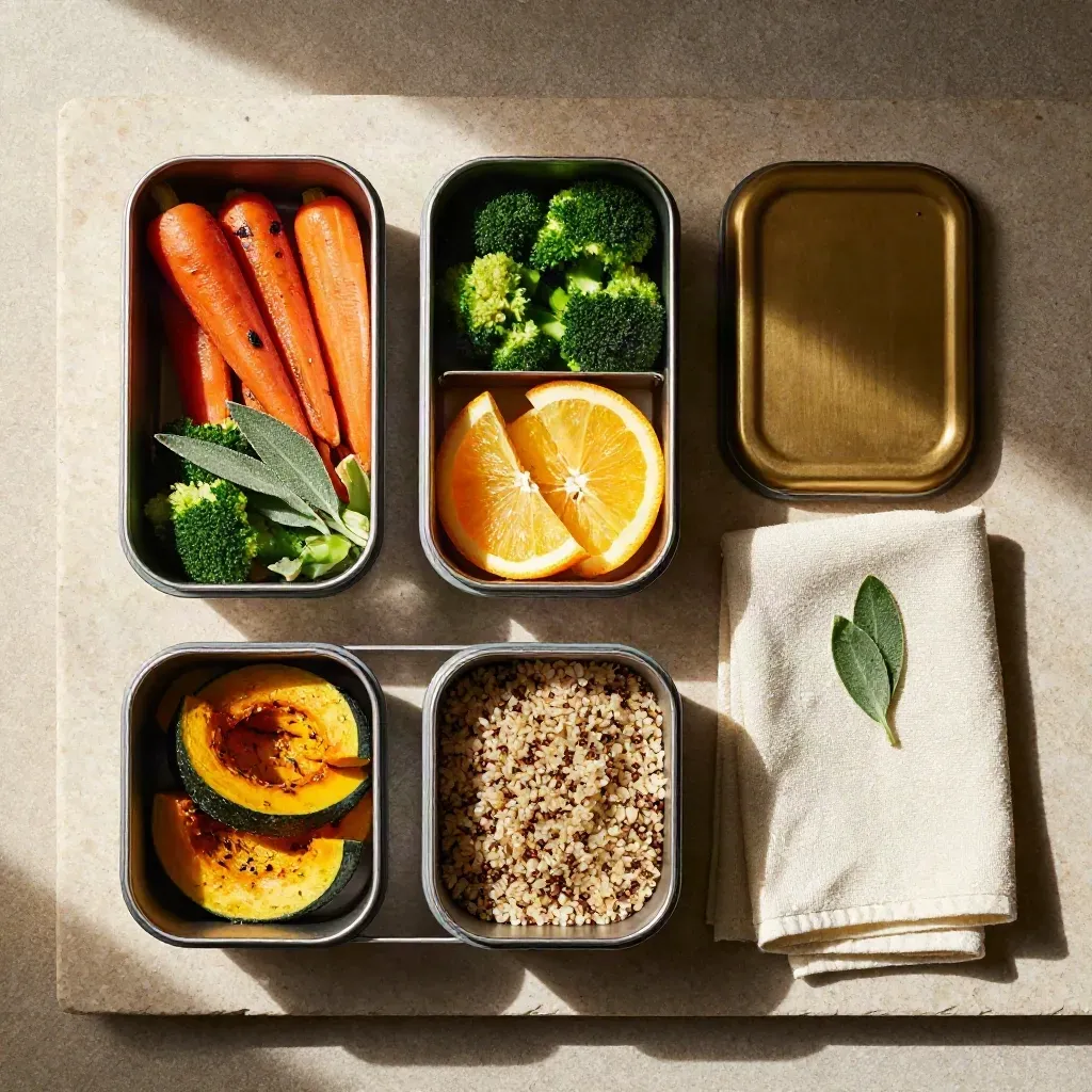Flat lay of a healthy packed lunch with roasted vegetables, grains, citrus, and a thermal container.