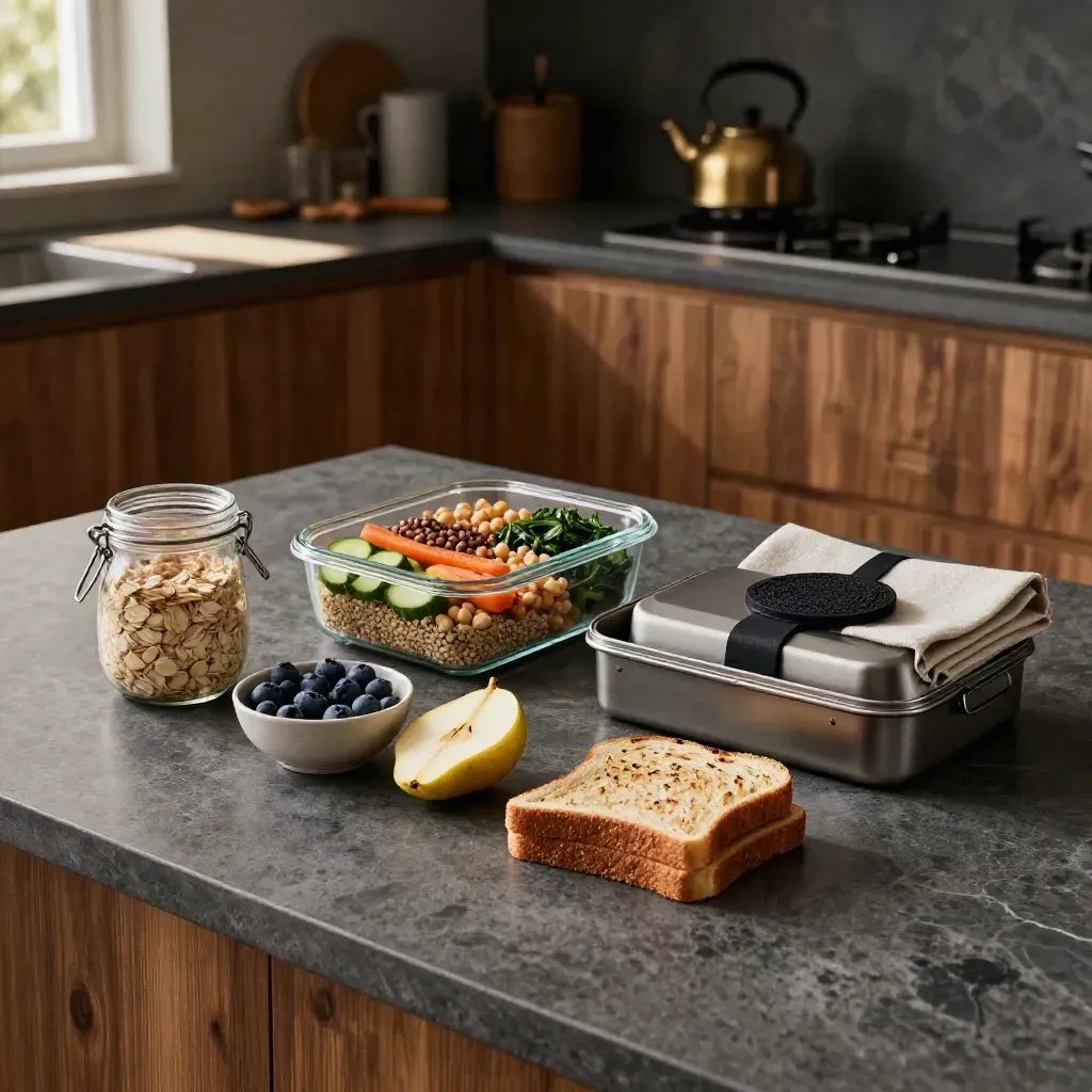 Meal prep on a stone kitchen island with breakfast pieces, lunch boxes, and a dinner bowl.