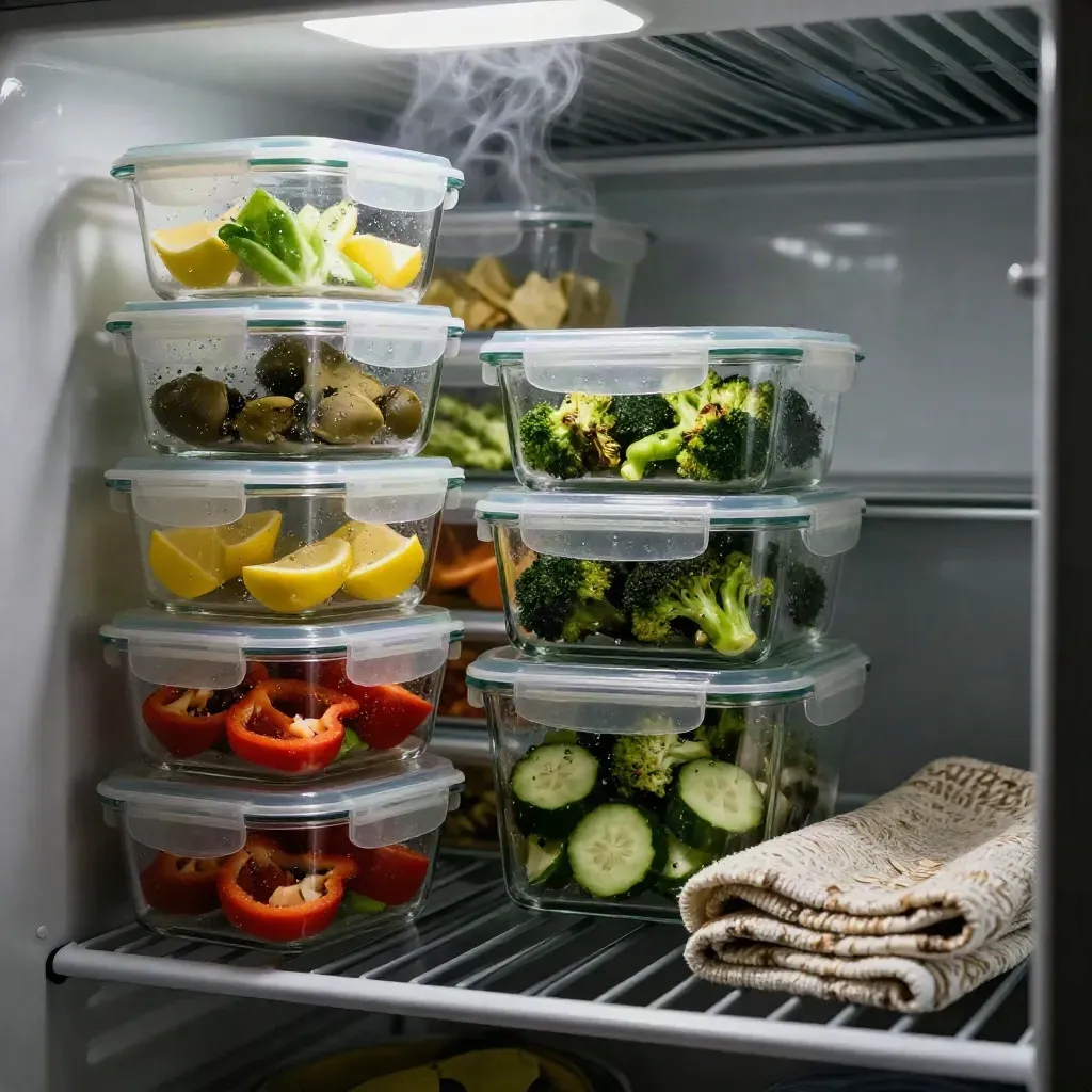 Open fridge shelf with glass meal containers, cut vegetables, and a folded towel in cool mist.