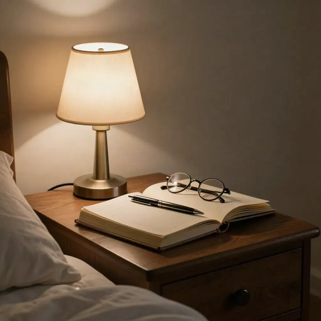 Bedside journal, pen, glasses and lamp glowing softly on a walnut nightstand at dusk.