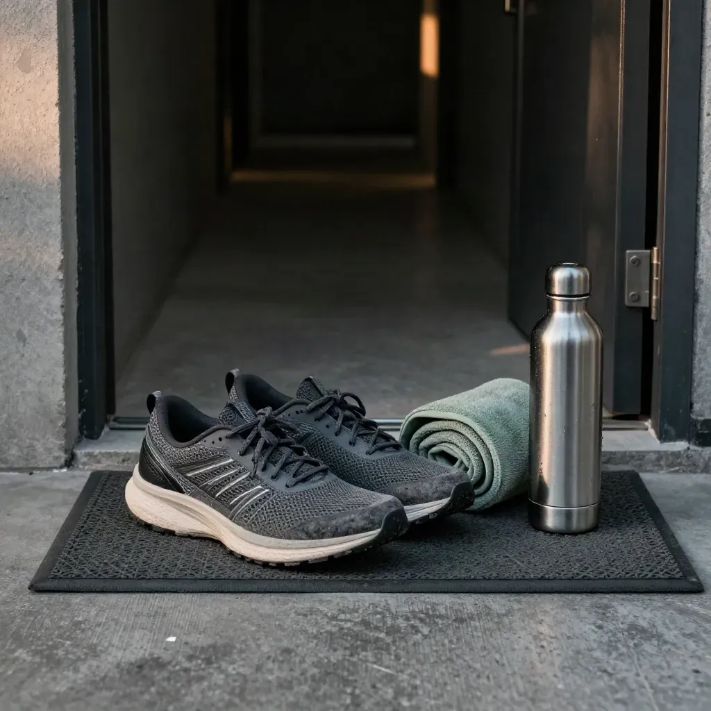 Running shoes, towel, and water bottle on a mat by the door in evening light.