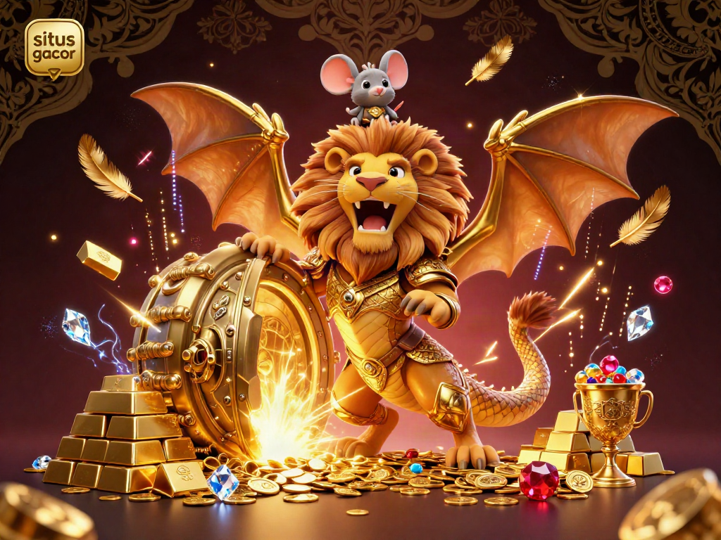 Experience the thrill of situs gacor with this vibrant 3D casino illustration showcasing gold treasures and mythical creatures.