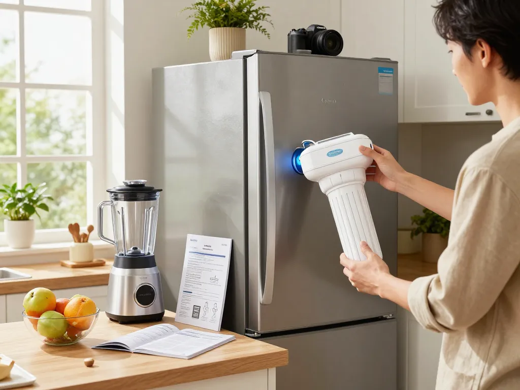 Overbest DA29-00020B Refrigerator Water Filter in a well-lit kitchen, emphasizing fresh water access